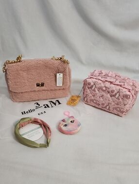 Hello3am Pink Sherpa Bag with Winnie the Pooh Cosmetics and Accessories